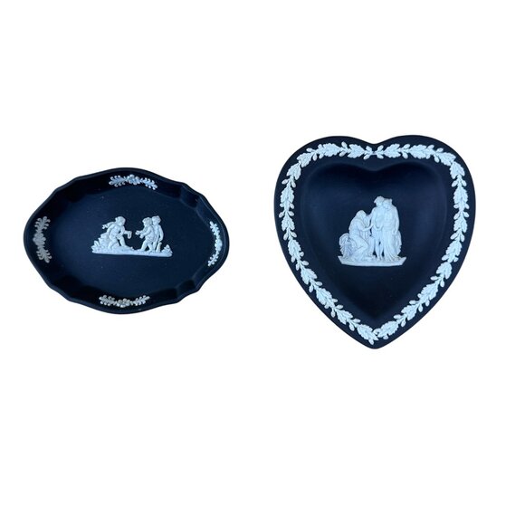 2 Wedgwood Black & White Jasper Ware Trinket Dishes, Vintage 1960s Heart Oval
